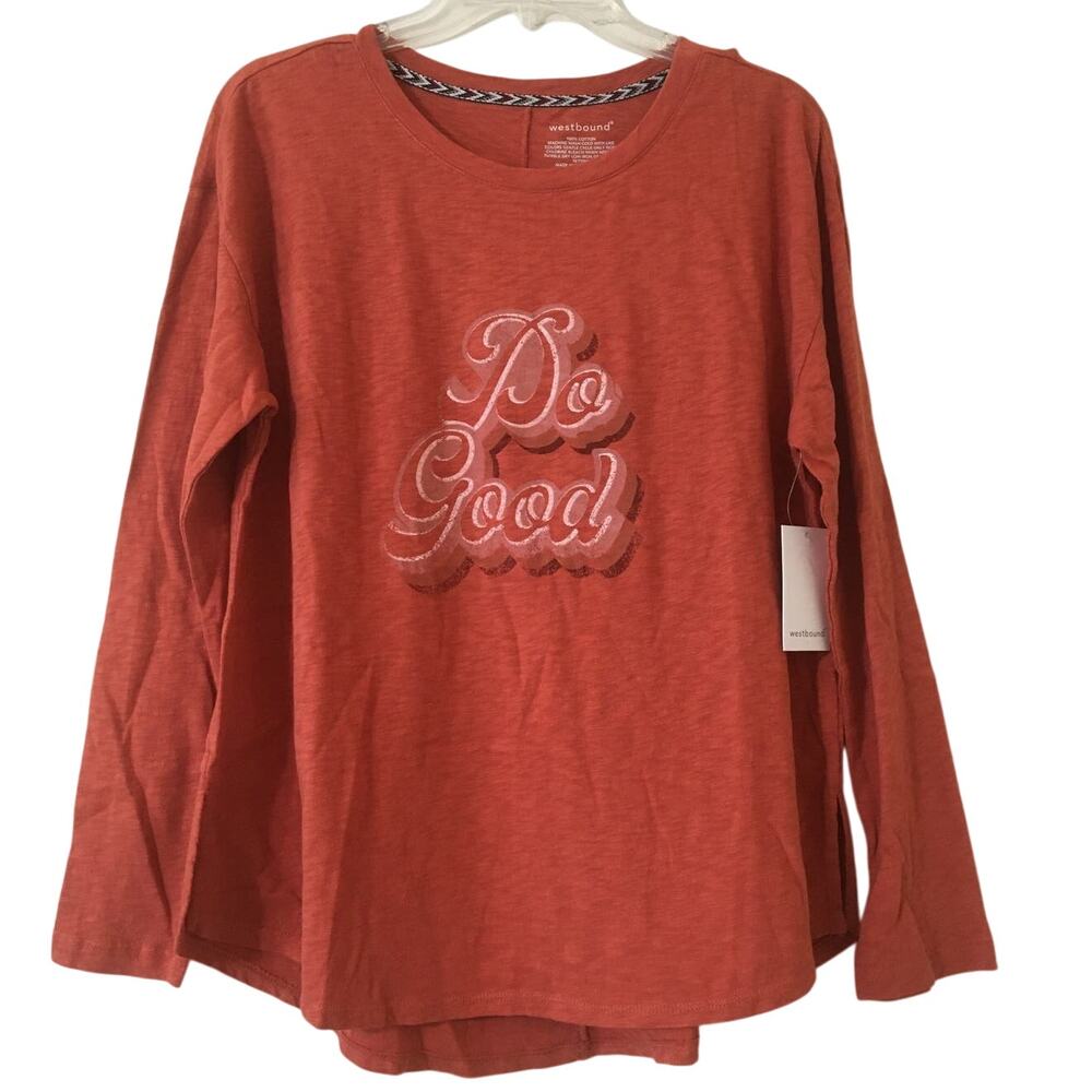 NWT Westbound Small 100% Cotton "Do Good" Long Sleeve Hi Lo Burnt Orange Top